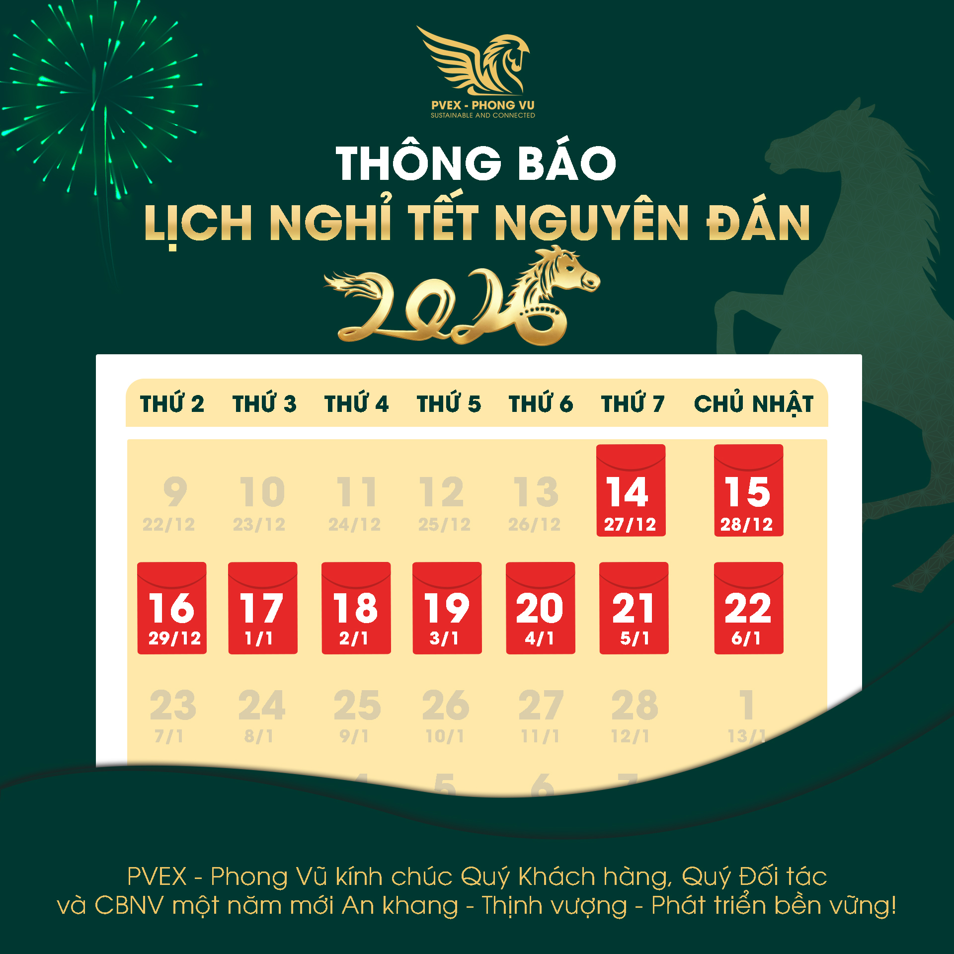 PVEX – PHONG VŨ THÔNG BÁO LỊCH NGHỈ TẾT NGUYÊN ĐÁN BÍNH NGỌ 2026